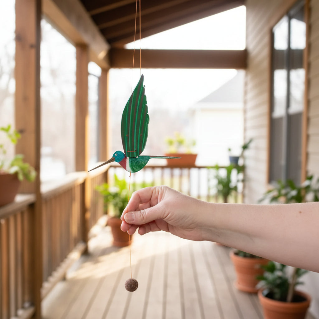 A handmade eco-friendly hummingbird flying mobile in green with a turquoise head and red throat from a woman-owned business