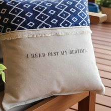 Navy geometric reading pillow with I read past my bedtime text