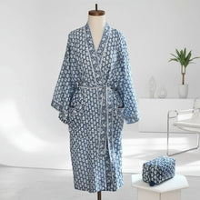 Blue and white floral indigo block print kimono robe with self-tie belt and piping