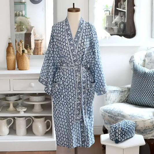 Indigo Block Print Kimono Robe - Luxury Robes