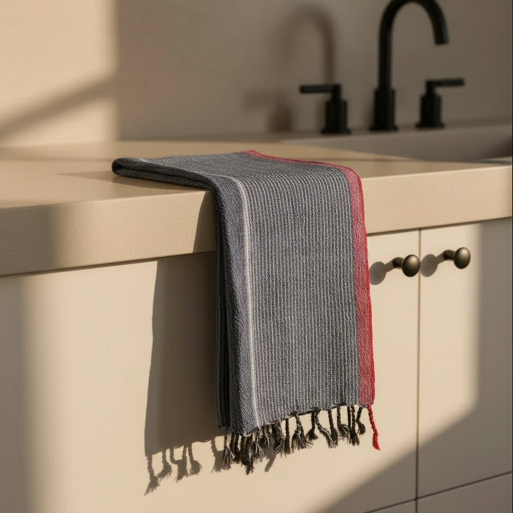 Indigo Tribeca handmade hand towel with blue and red striped design and tassels