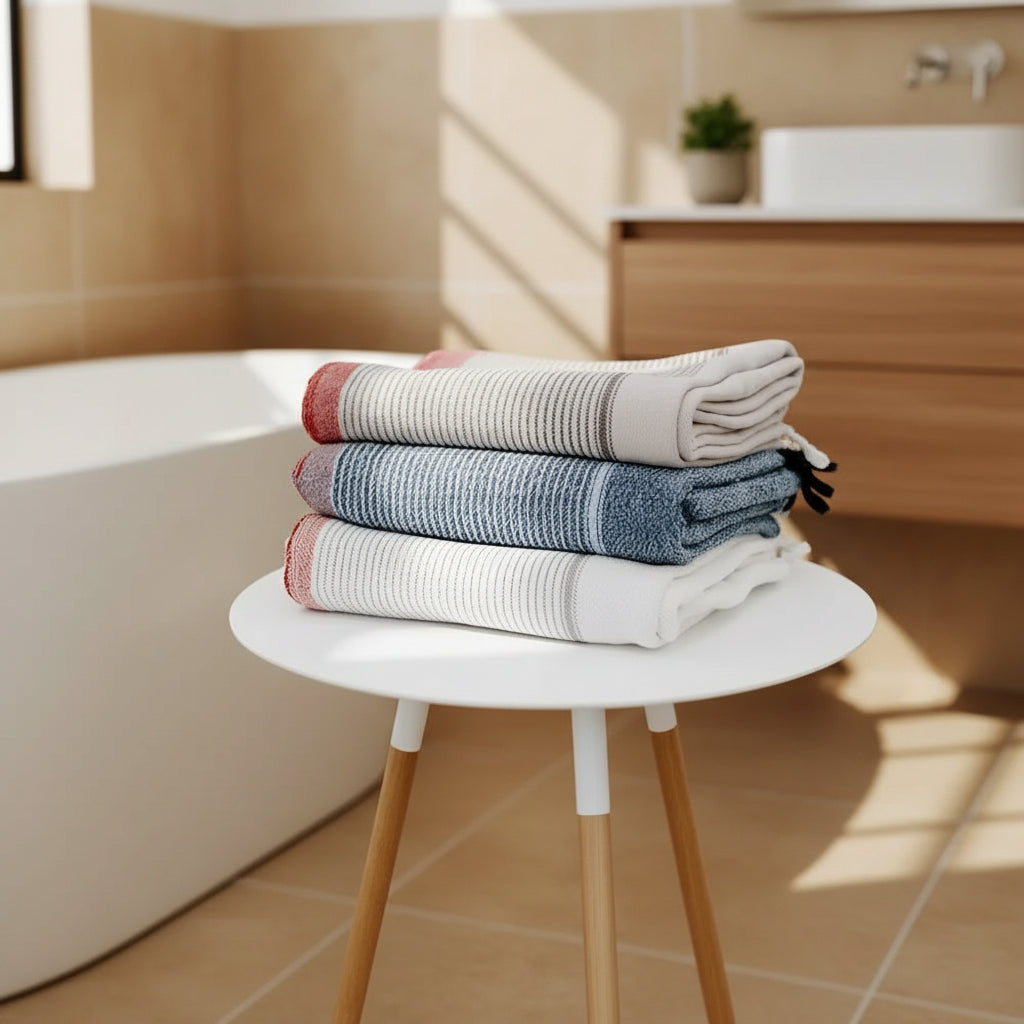 Indigo Tribeca handmade eco-friendly cotton towel set with 4 striped red, blue, and white towels