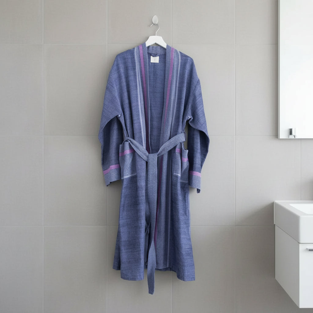 Blue and purple striped Indigo Tribeca Long Robe hanging on a white hanger