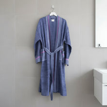 Blue and purple striped Indigo Tribeca Long Robe hanging on a white hanger