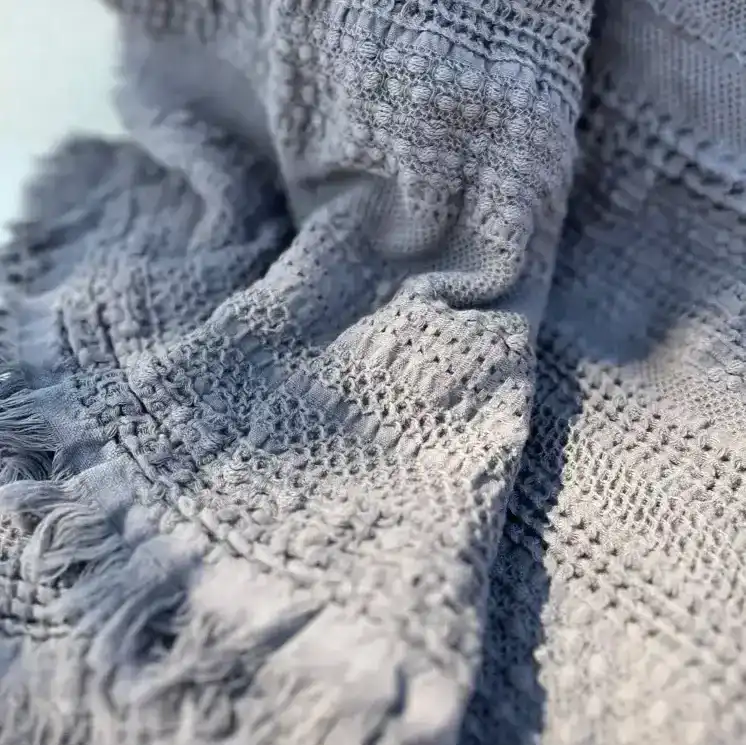 Textured gray blanket close up of fabric