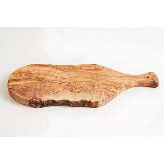 Olivewood cutting paddle board on a white surface