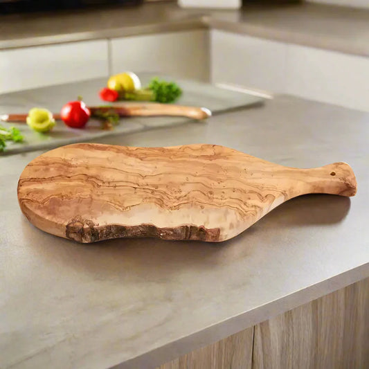 Natural-edged Italian Olivewood Cutting Board with Bark Edge and Handle for kitchen prep