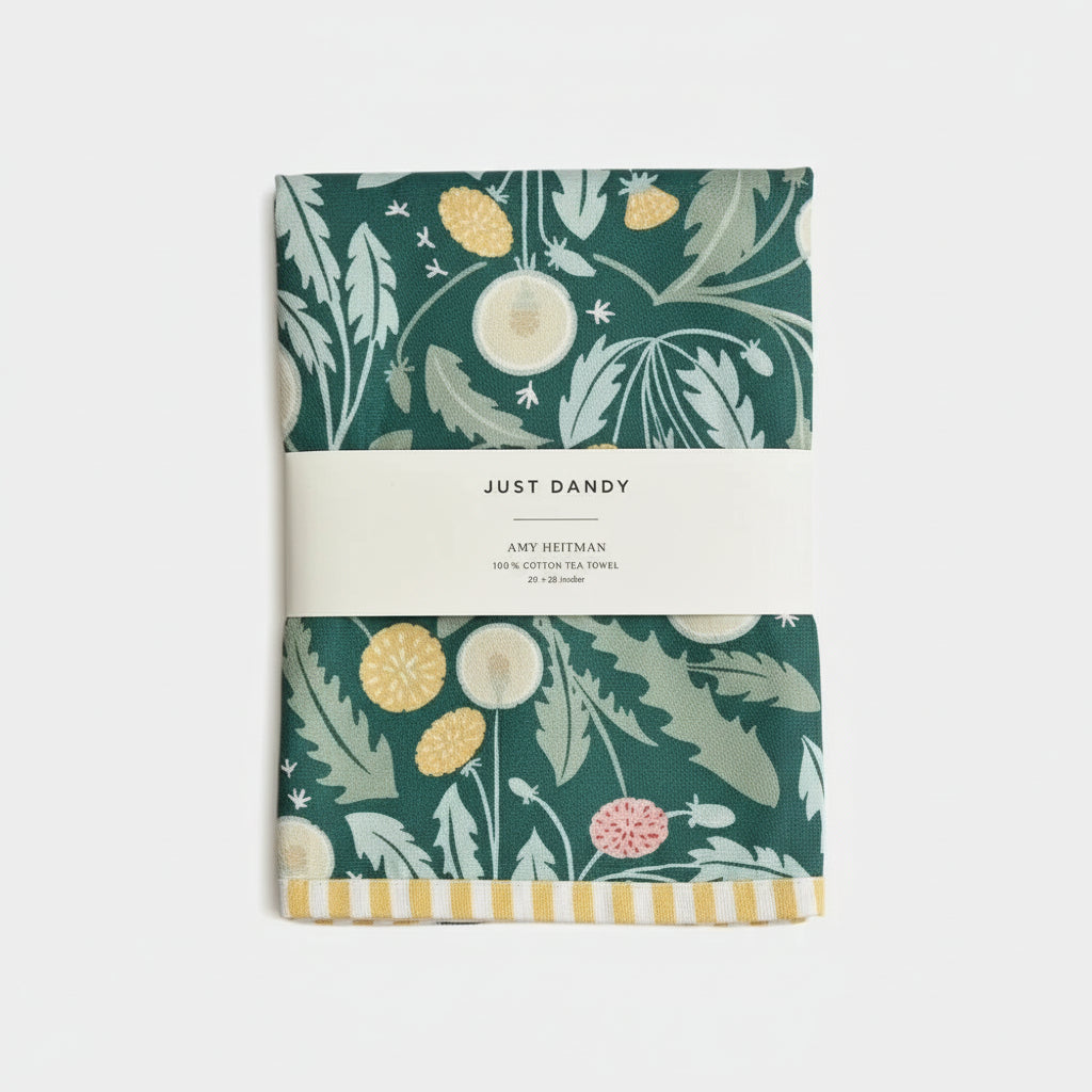 Green floral print Just Dandy Towel with yellow stripes