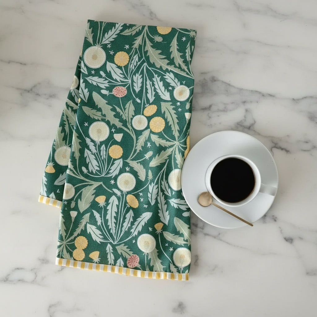 Green floral cotton tea towel with yellow accents, Just Dandy Towel