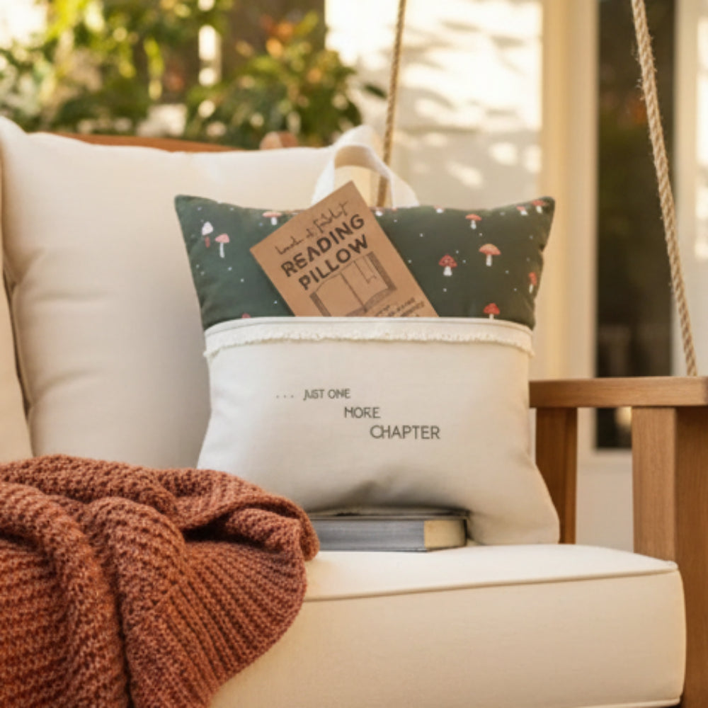 Cozy handmade reading pillow with mushroom print in cream pouch