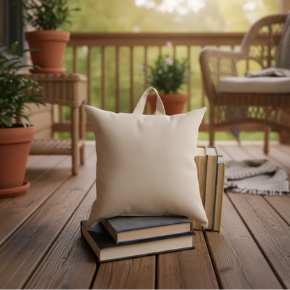 Handmade beige linen reading pillow with tiny mushroom print and top handle
