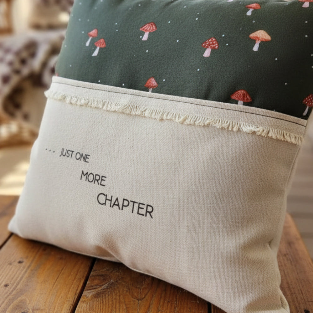 Handmade reading pillow with tiny mushroom print pouch