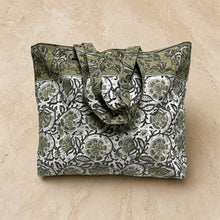 Olive green and white block print tote bag with intricate floral design perfect as a print tote bag