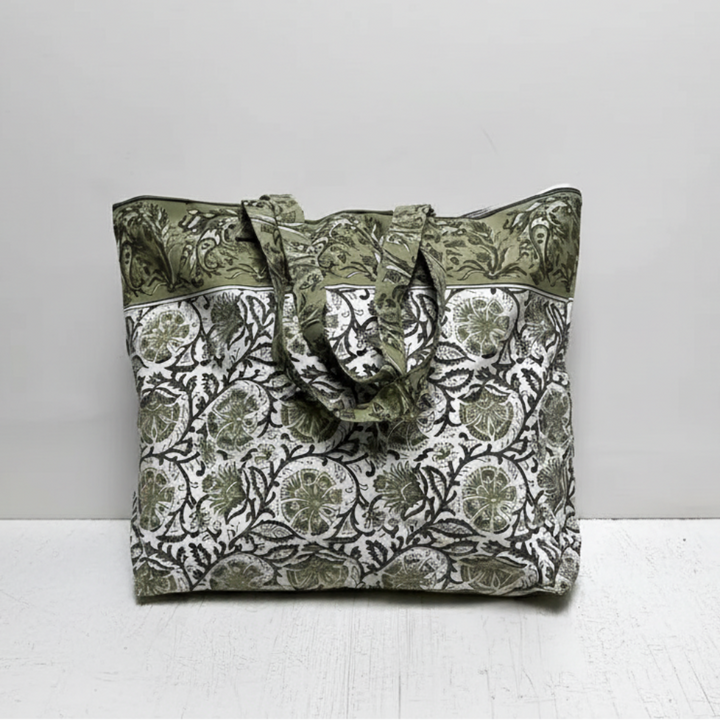 Kalam Green Floral Tote Bag with white and olive green block print tote design