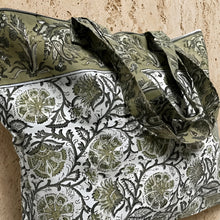 Olive green and white floral block print tote bag with black outlines perfect as a stylish print tote bag