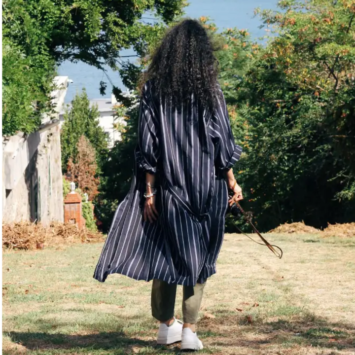 Black and white striped Kestane Robe trench coat with fringes