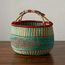 Lake Vea Bucket Basket with woven natural fibers, red teal handles, geometric patterns