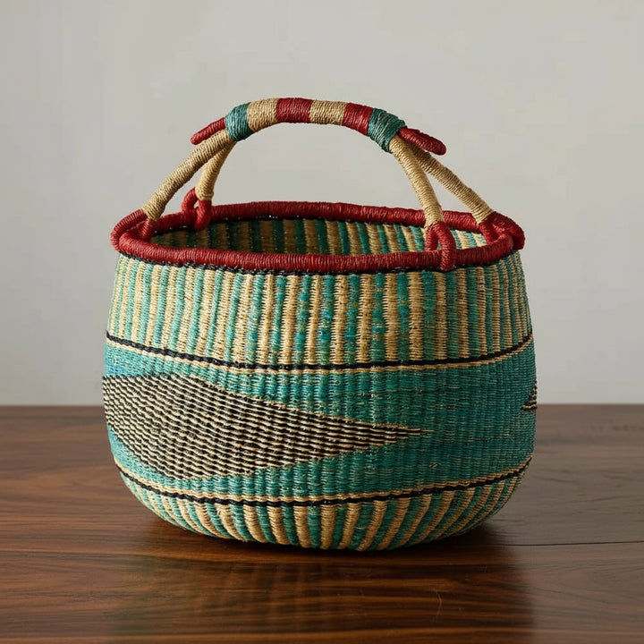 Lake Vea Bucket Basket with woven natural fibers, red teal handles, geometric patterns