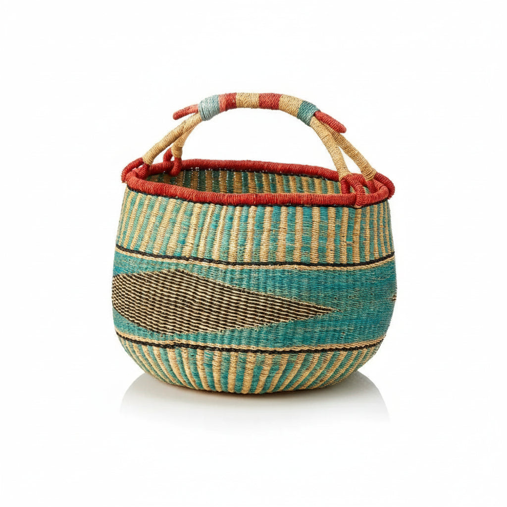 Lake Vea Bucket Basket with red handles and teal geometric patterns