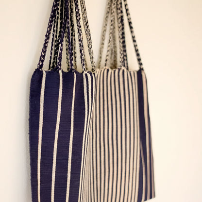 Hand woven navy blue and cream striped Las Rayas tote from Luz Collection