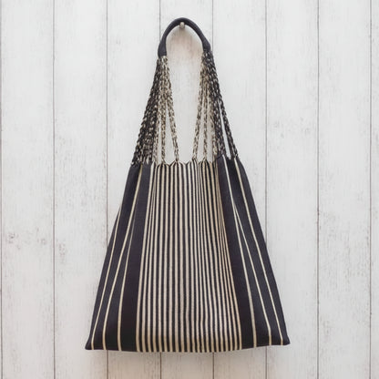 Black and cream striped hand woven Las Rayas tote from Luz Collection