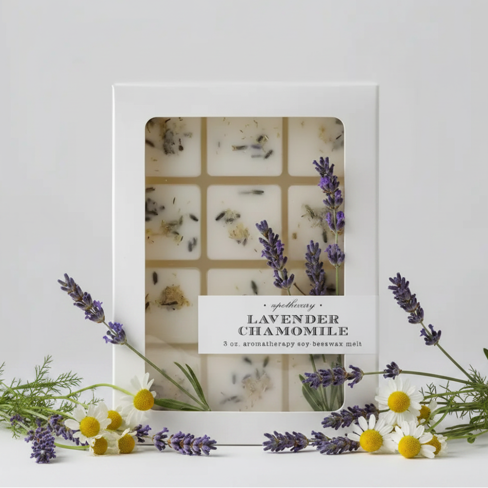 Lavender chamomile apothecary wax melts in white box with dried flowers handmade eco-friendly soy beeswax cubes