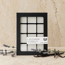 Black-framed box of lavender vanilla soy wax melts featuring warm vanilla beans and french lavender scent with orange zest