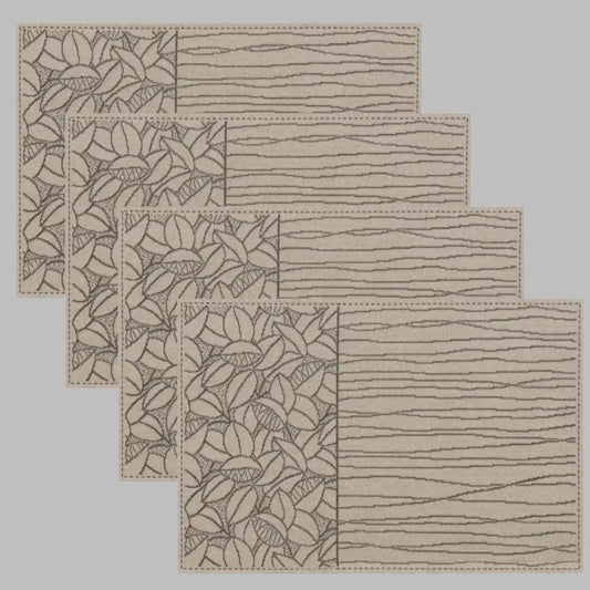 Set of four natural color placemats with lines and leaves pattern in charcoal.