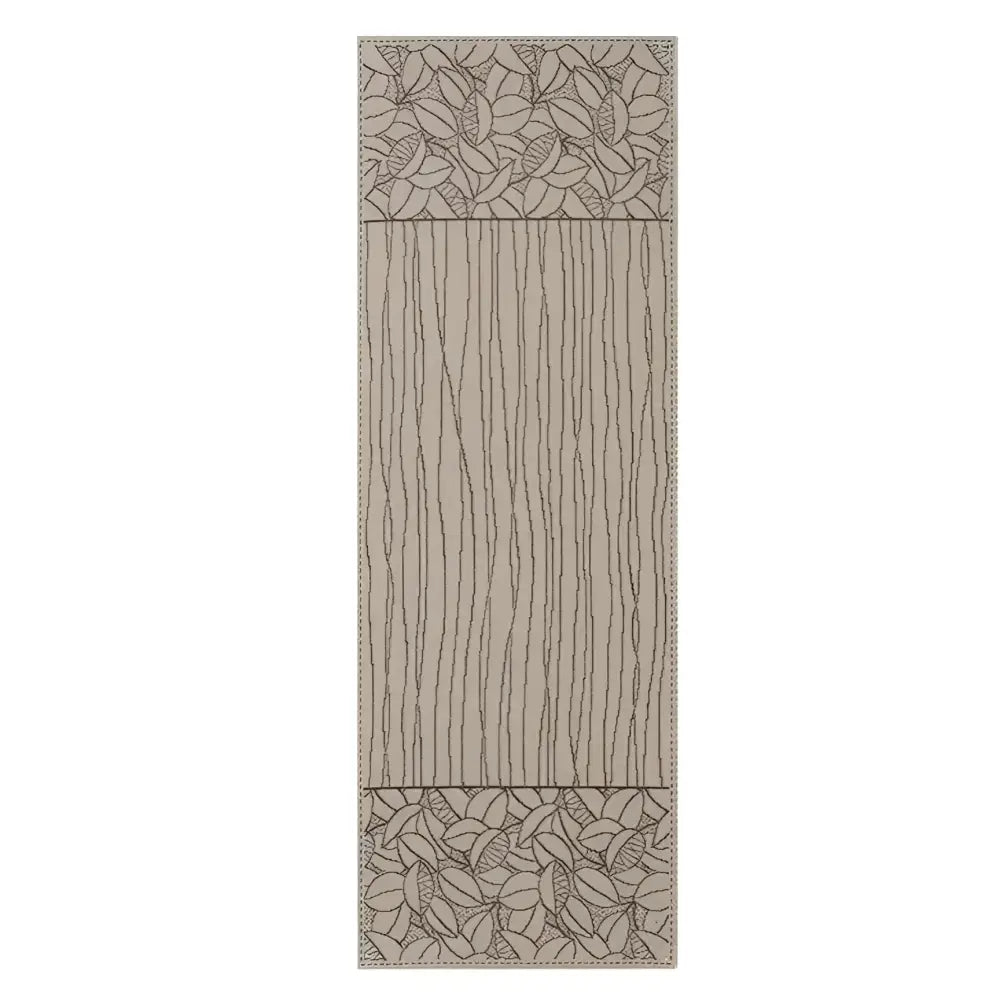 Beige table runner with black woven design of lines and leaves.