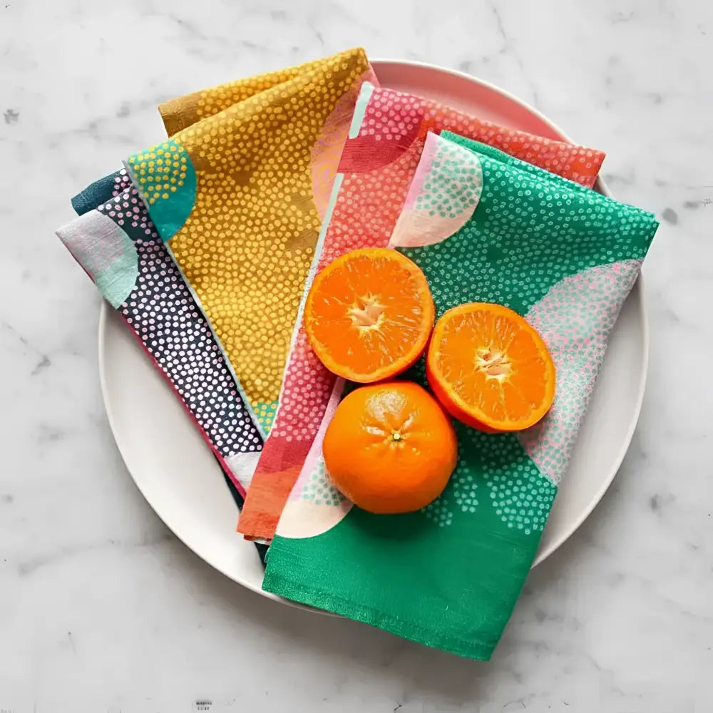 Leaf Nest colorful polka dot linen napkin set with leaf appetizer plates