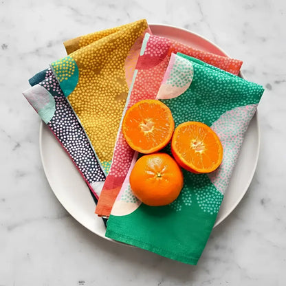 Leaf Nest colorful polka dot linen napkin set with leaf appetizer plates