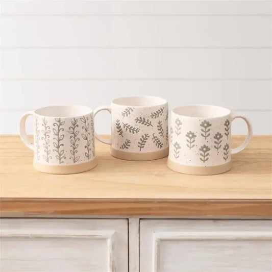 Leafy Green Stoneware Mugs - Set of 3 - Pottery & Ceramics