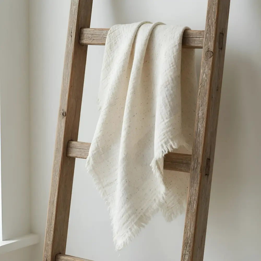 Cream-colored linen throw with subtle speckles and frayed edges draped over rustic ladder in muslin bath towel style