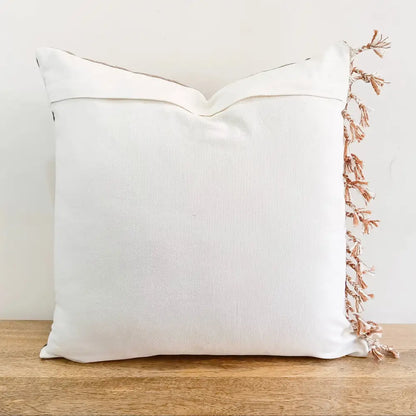 Throw pillow cover size 20 inch x 20 inch with rough linen texture, tassels, and hand embroidered accents.