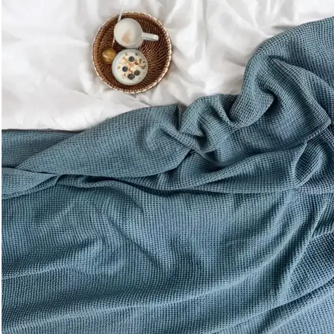 Linen waffle blanket in blue gray