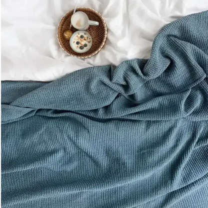 Linen waffle blanket in blue gray