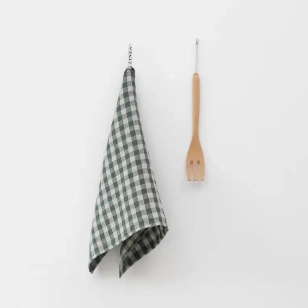 Linen kitchen towel in forest green gingham pattern, perfect absorbent towel for your kitchen