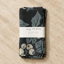 Dark gray linen napkins with blueberry designs featuring artisan designed light gray and off-white botanical print set of 2