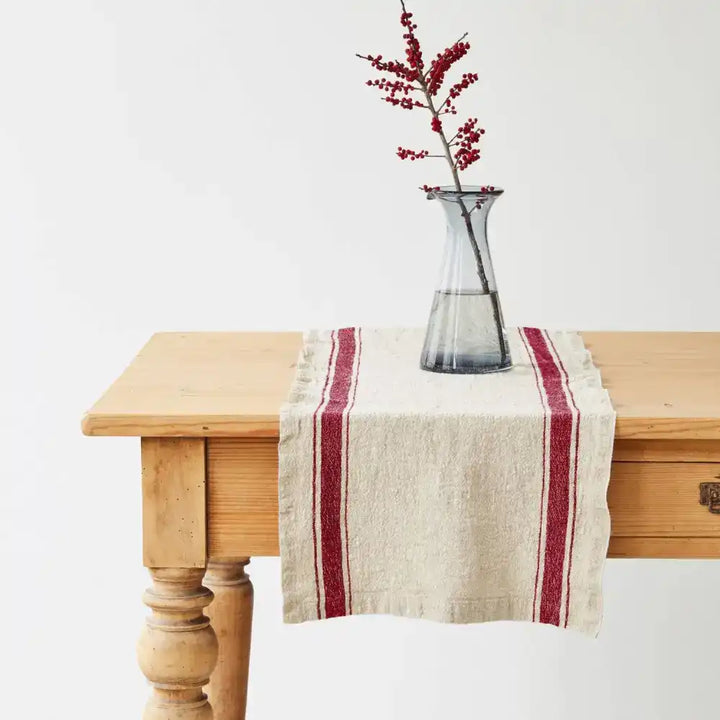 Red Stripe Vintage Linen Table Runner - 16’’x59’’ | 40x150 cm