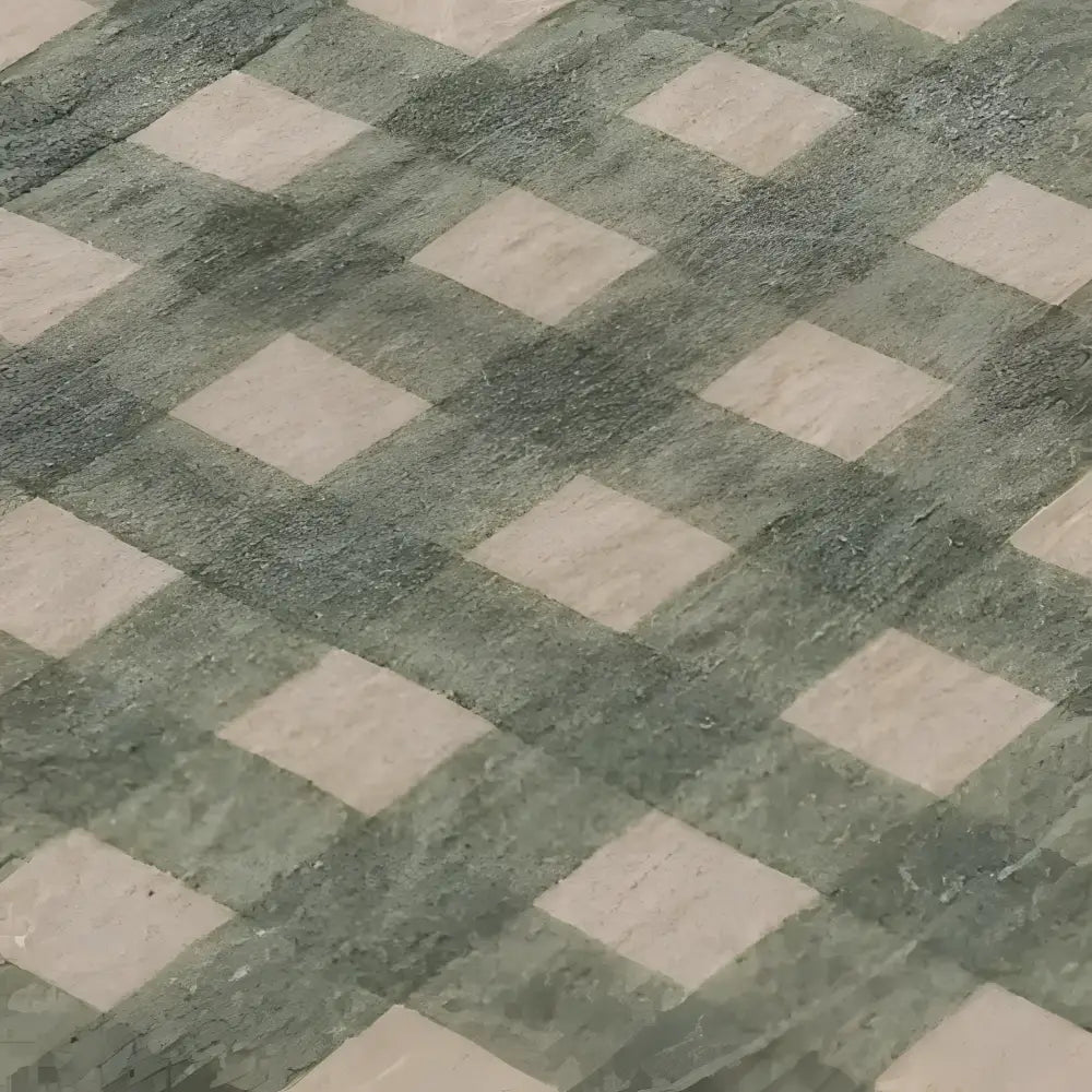 Fabric covering on wood table with green checkered pattern.