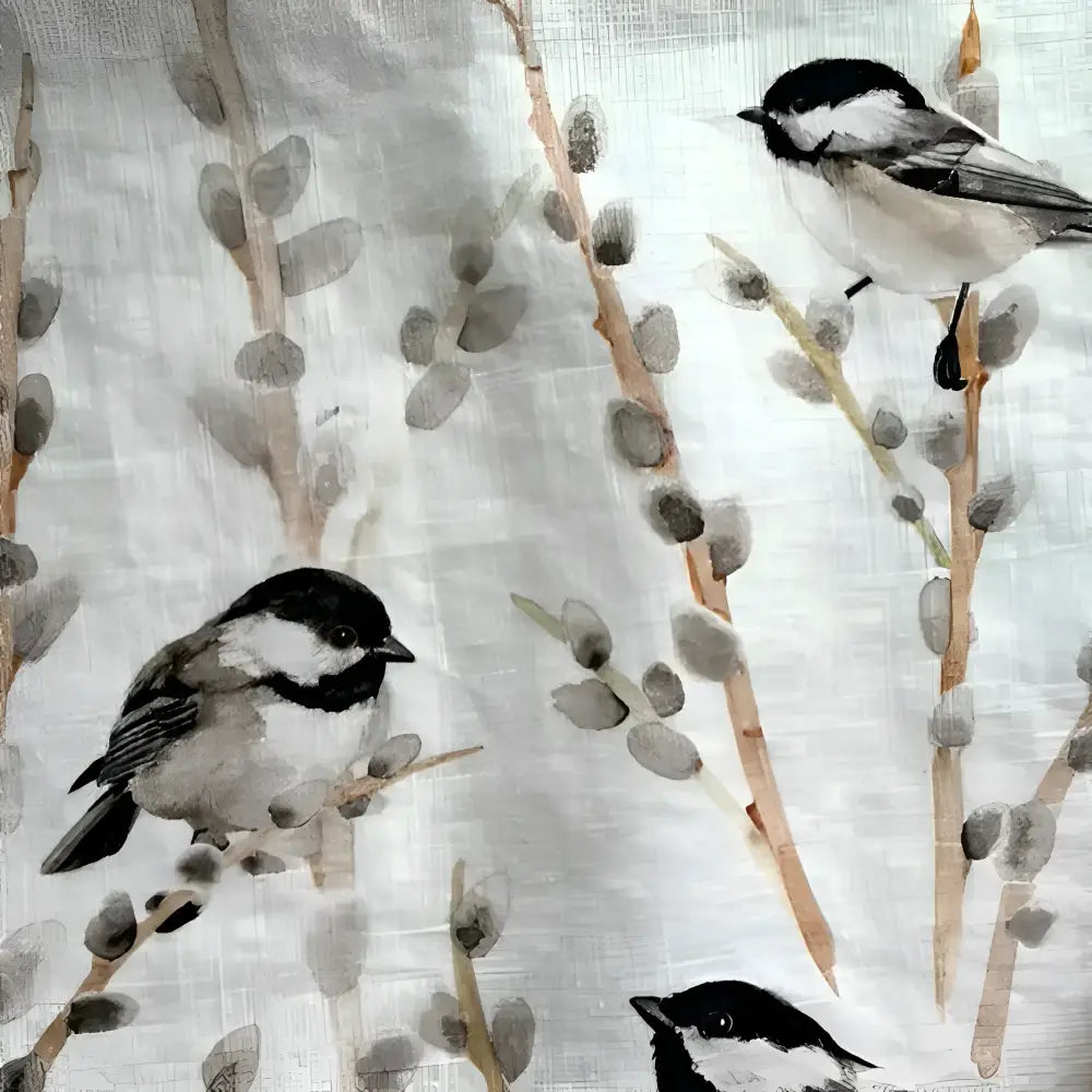 Fabric with bird and branch pattern and a wooden rolling pin on a light background