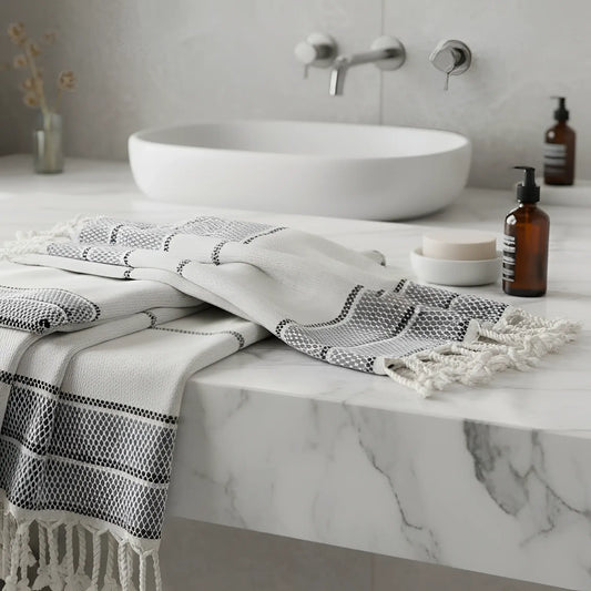 A white and gray linen turkish bath towel with black geometric stripes and fringed tassel edges perfect for bath use