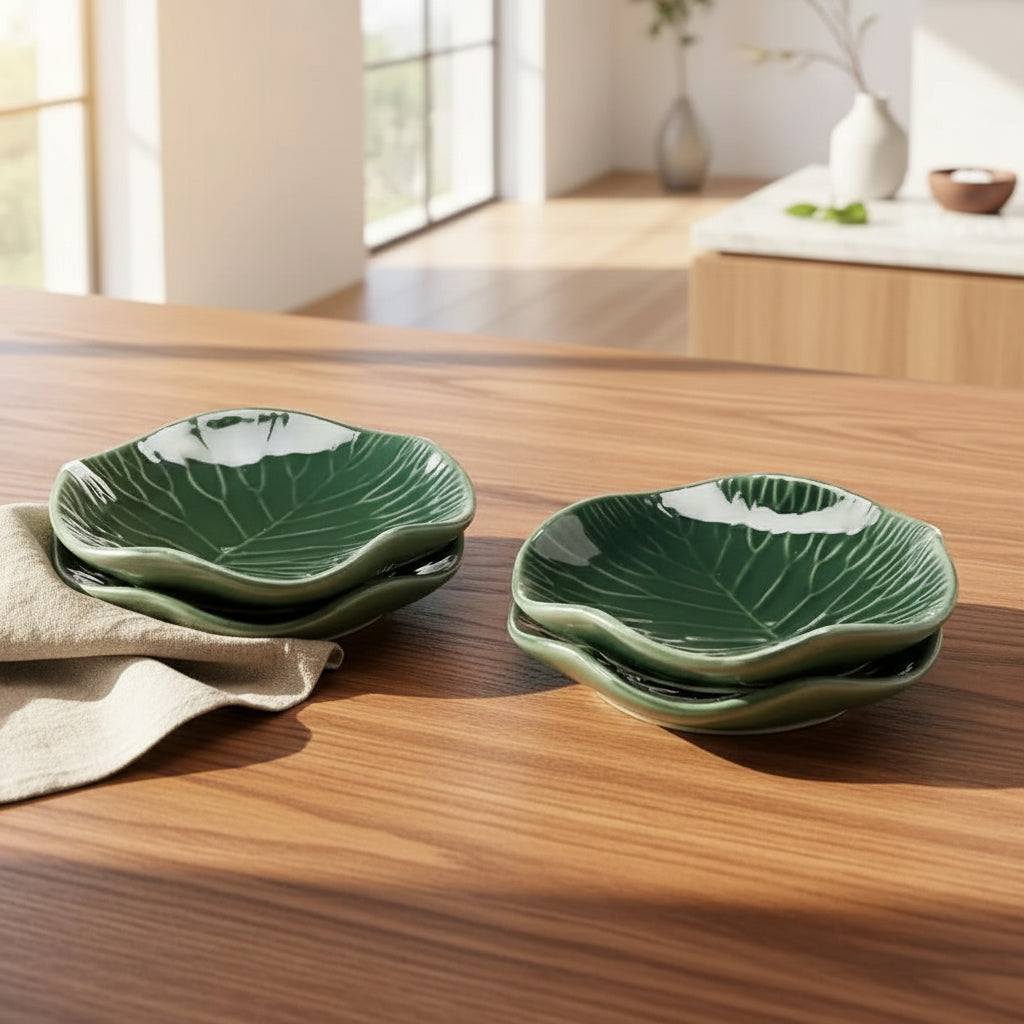 Green lotus leaf-shaped ceramic salad plates set of four, perfect small plates for serving