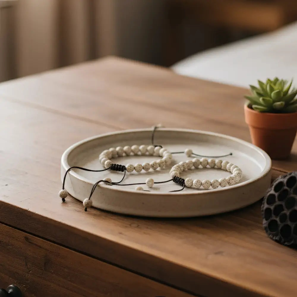 Two cream-colored lotus seed mala bracelets with black cord and adjustable knots on a ceramic tray