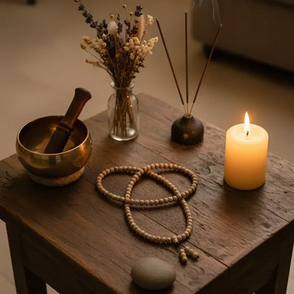 A warm yellow lotus seed mala with beaded tassel sits on a rustic wooden table showing lotus seeds carry serenity