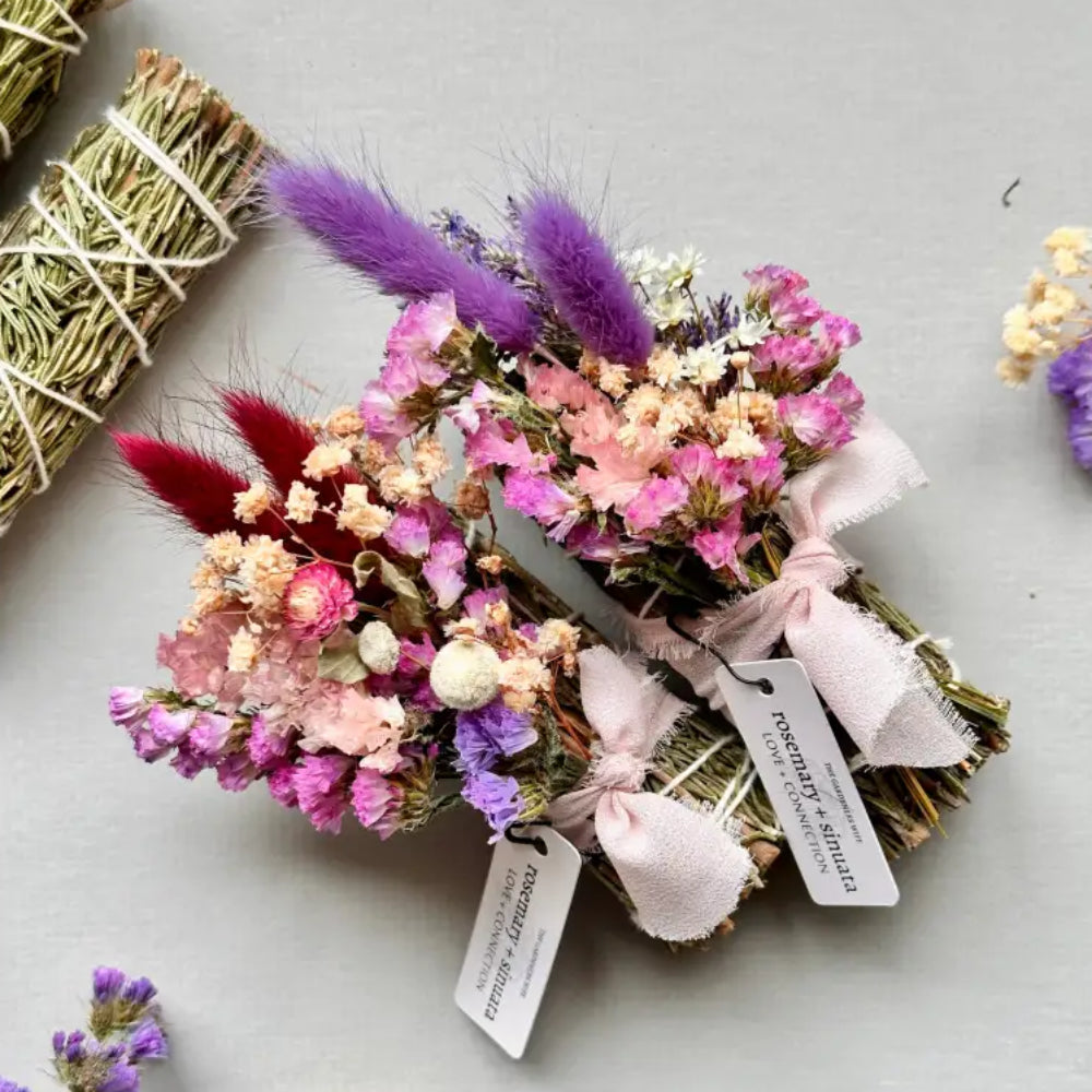 Handcrafted Love + Connection Bundle: dried pink, purple, white flowers with ribbon