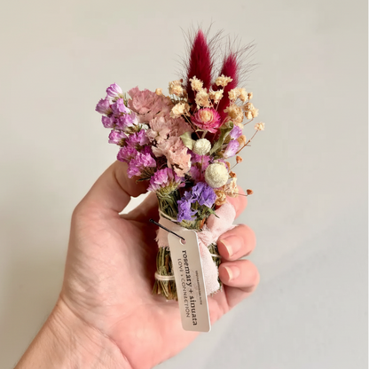 Handmade Love + Connection Bundle with dried purple, pink, cream flowers and red grasses