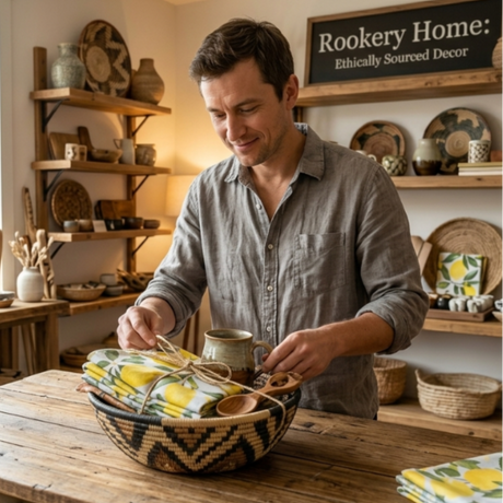 Man preparing a gift basket inside of a store