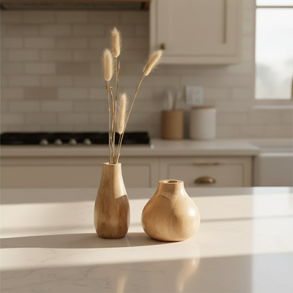 Mango wood vase with dried grasses, perfect for bud vase decor and wooden bud centerpiece
