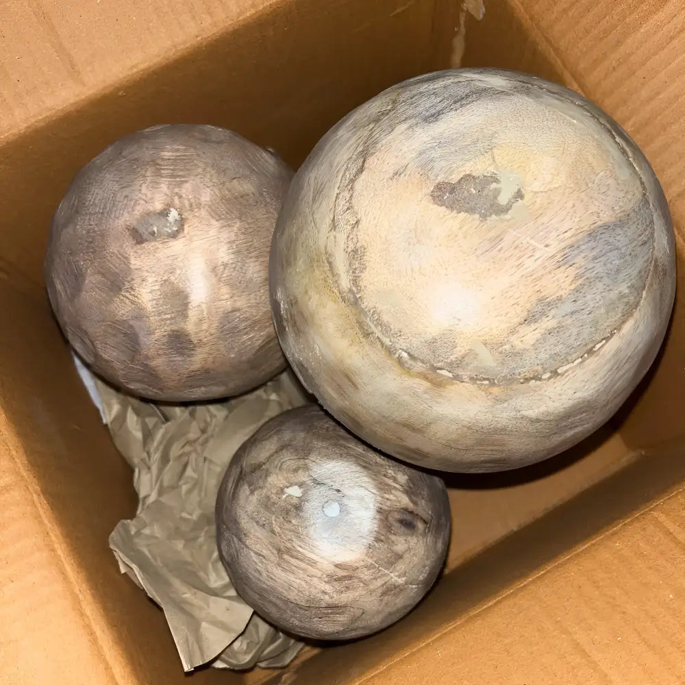 Set of three mango wood carved mushroom sculptures with rustic spheres
